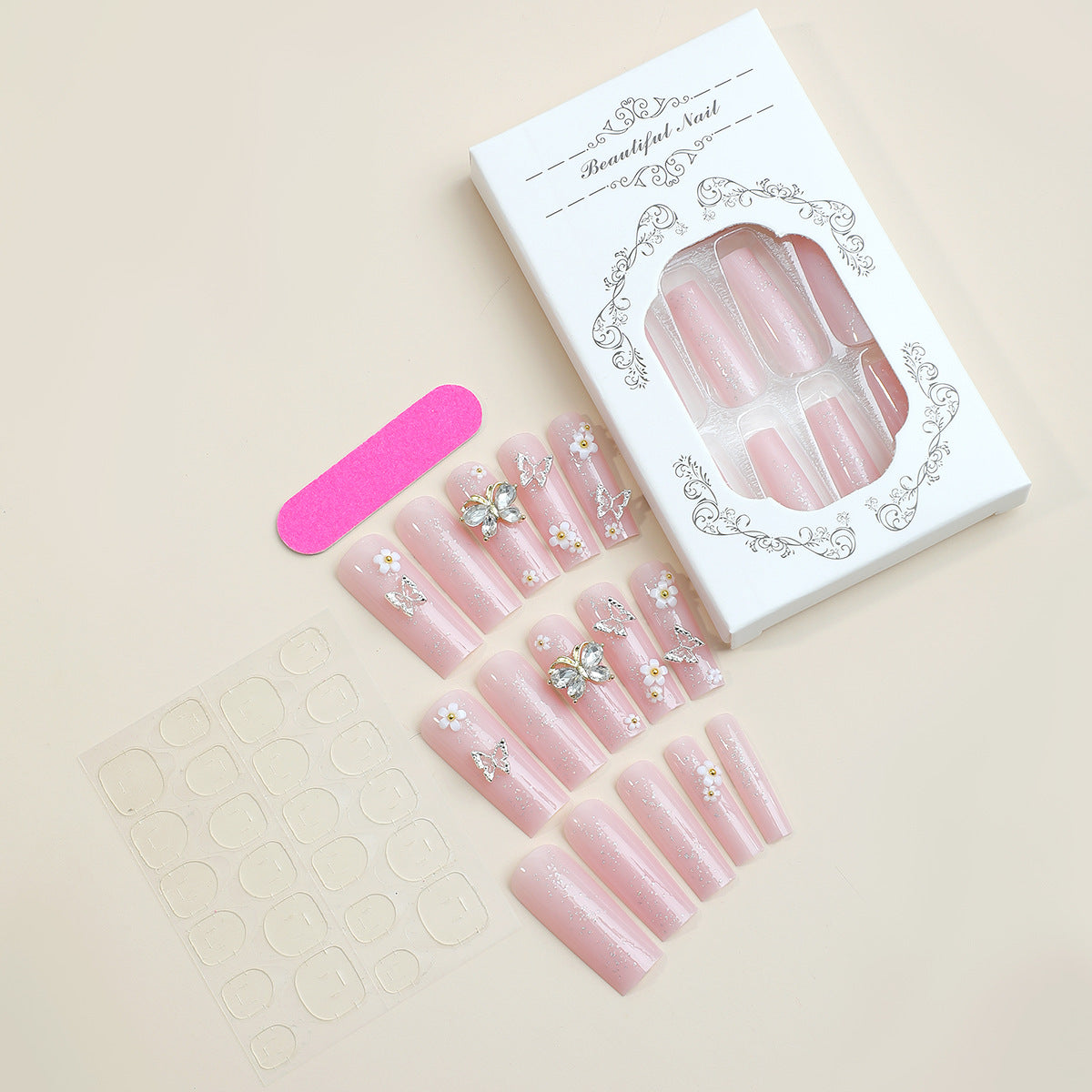 Butterfly Bloom Pink, Square Press On Nails (Long Style)