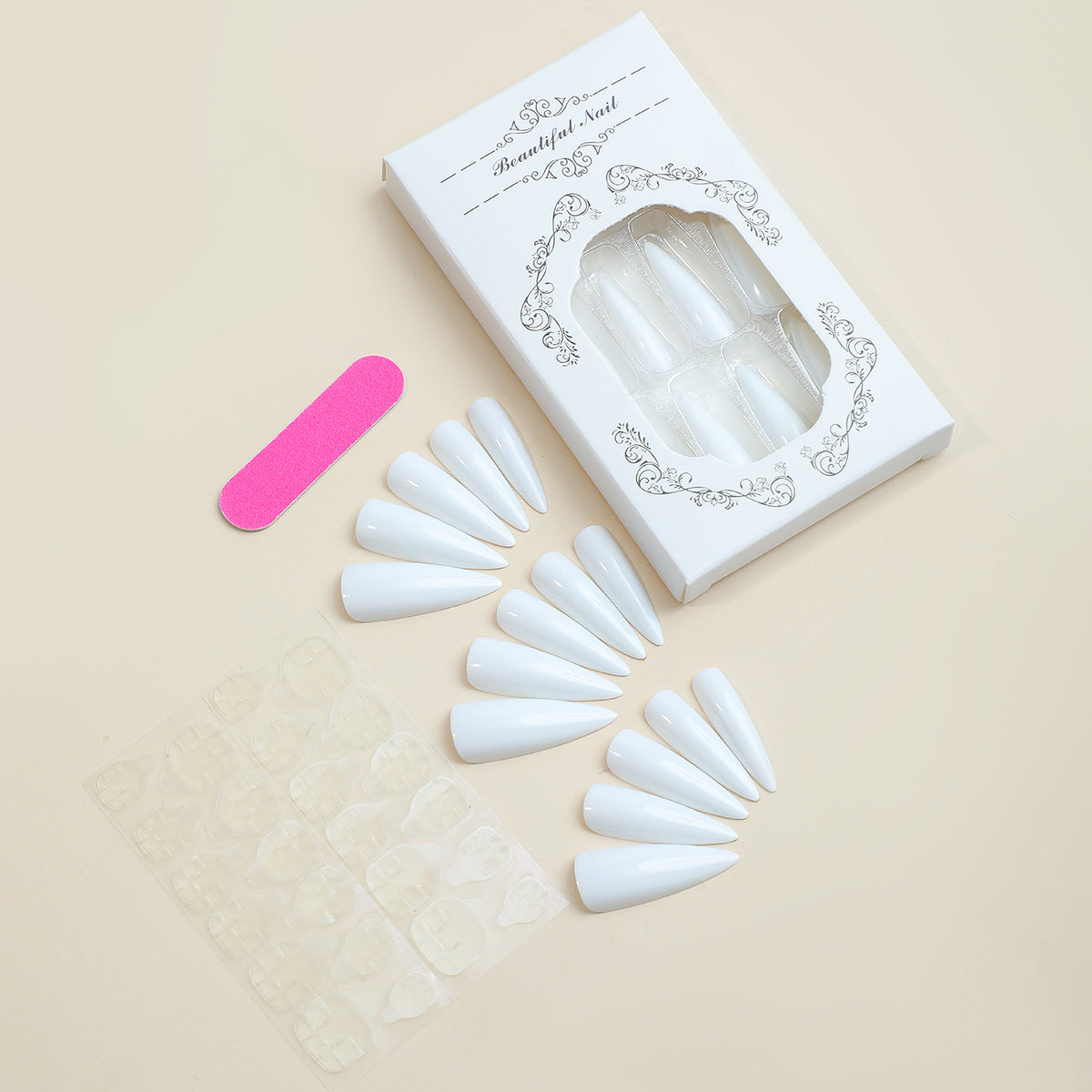 Ivory Blush White, Long, Almond Press On Nails